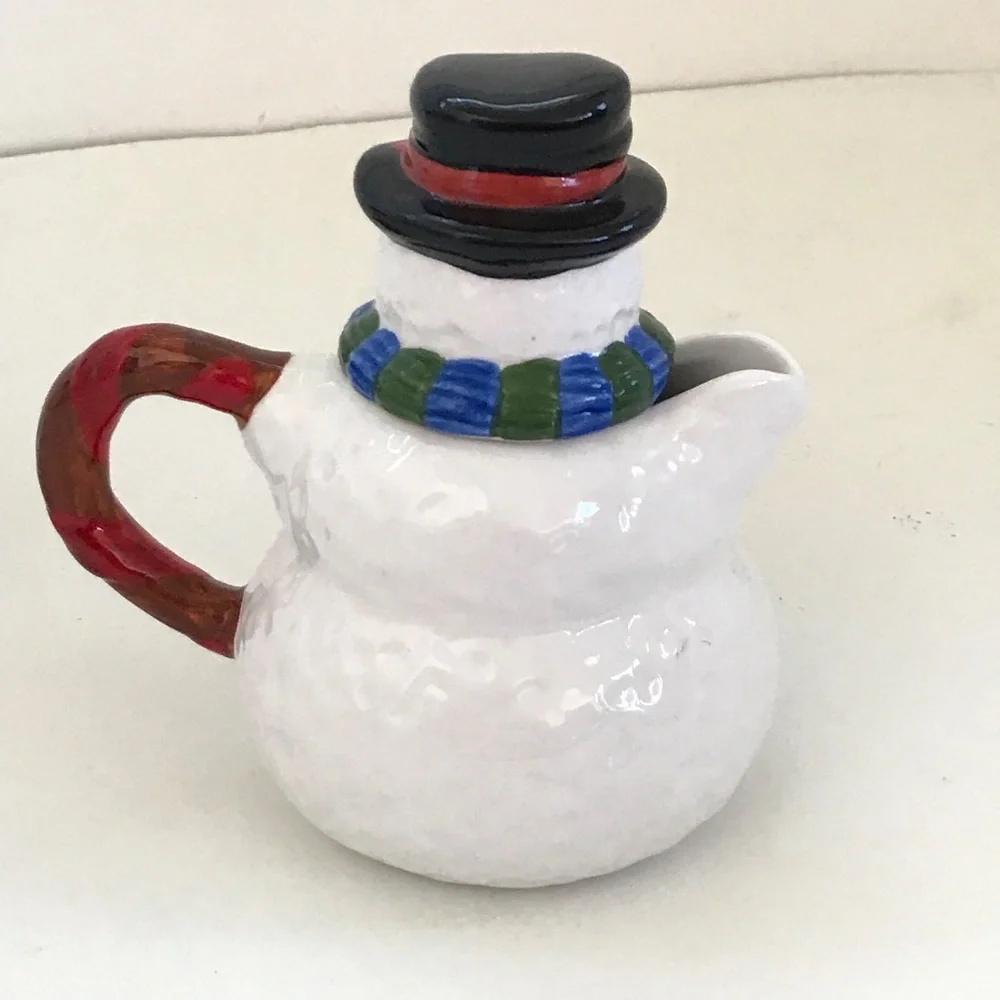 4 Piece Set Sugar Creamer Salt Pepper Holiday Winter Snowman Ceramic